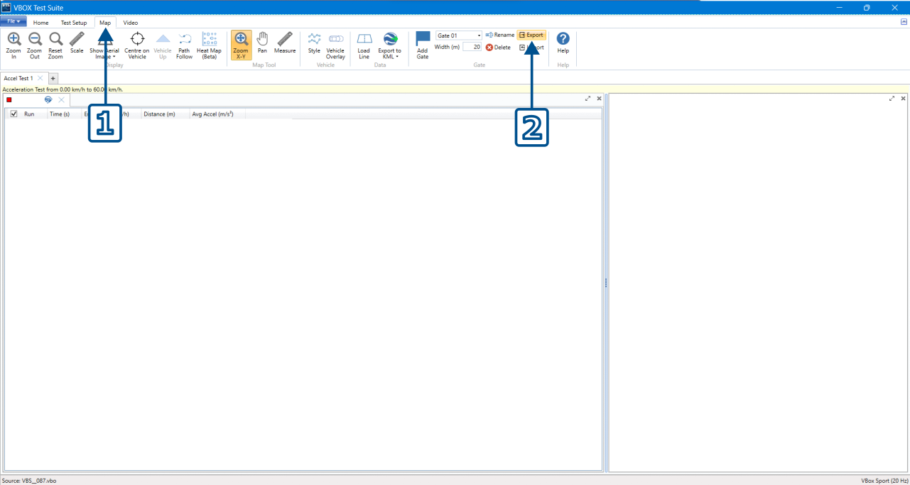 VBOX Test Suite with Map Tab open and Export button highlighted. Numbered arrows indicate the click order of the process.