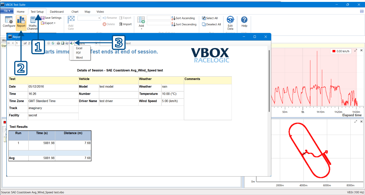 VBOX Test Suite with Test Setup Tab open, Report button highlighted and the Report dialogue open on top with the Save button and save options identified. Numbered arrows indicate the click order of the process.