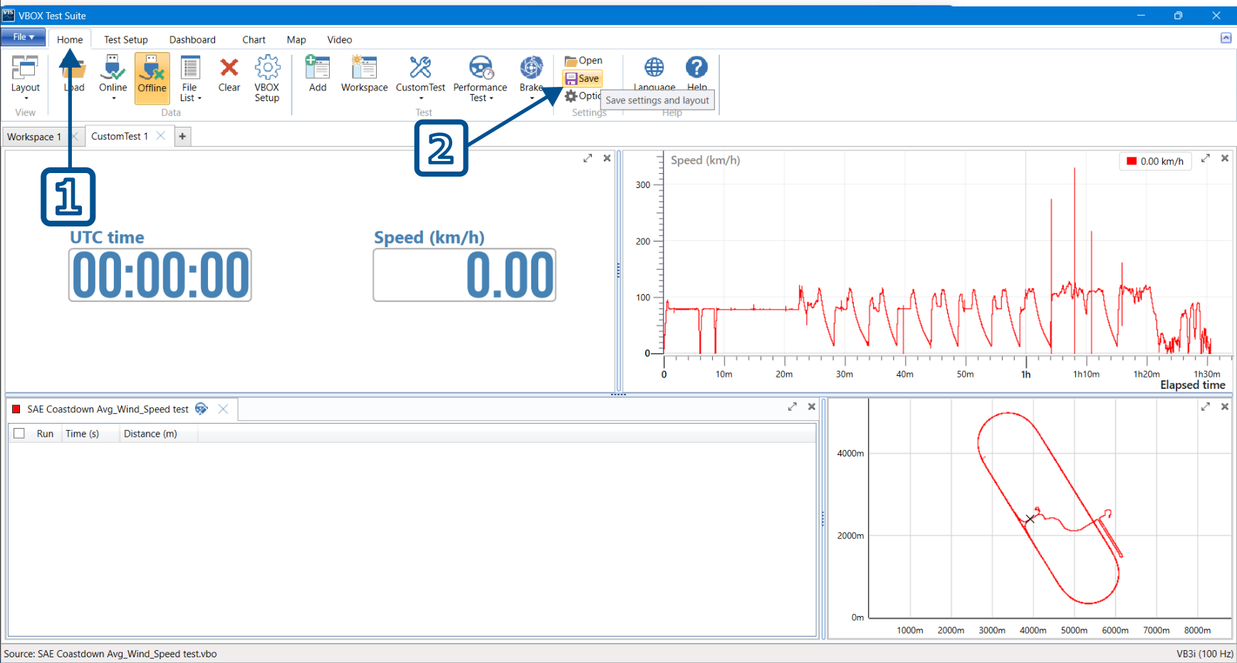 VBOX Test Suite with Home Tab open and Save button highlighted. Numbered arrows indicate the click order of the process.