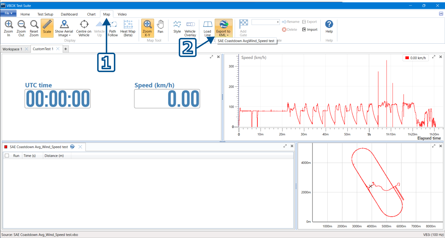 VBOX Test Suite with Map Tab open and Export to KML button highlighted. Numbered arrows indicate the click order of the process.
