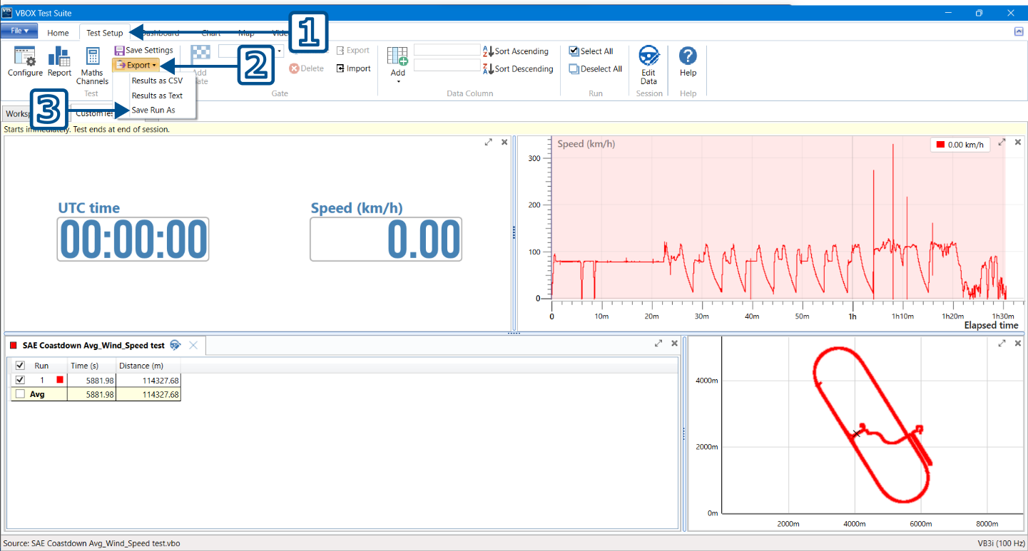 VBOX Test Suite with Test Setup Tab open and Save Settings menu with Export option highlighted. Numbered arrows indicate the click order of the process.