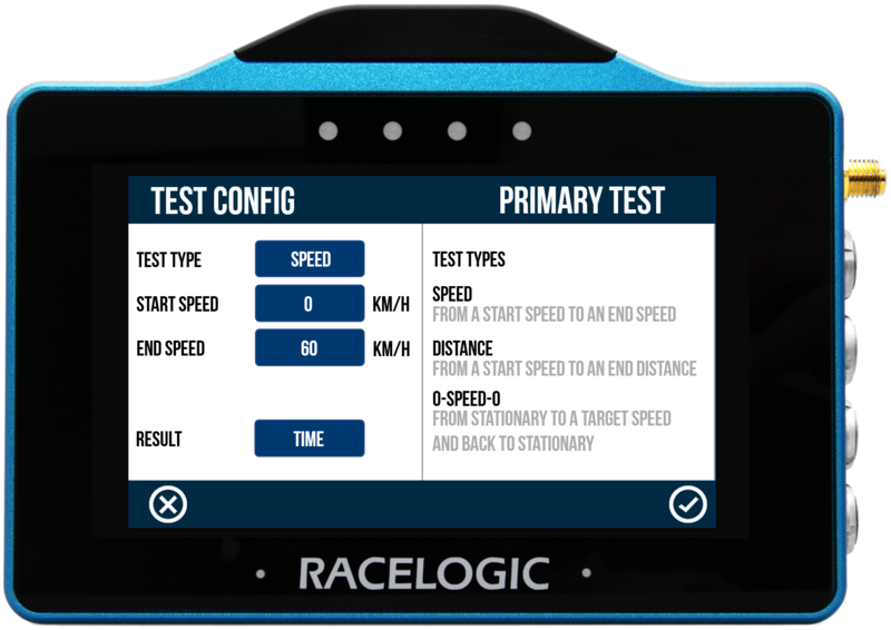 VBOX Touch displaying the Test Config screen for Custom Test Accel Test in the Accel Settings..  
