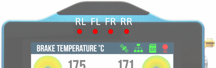 VBOX Touch LEDs illuminated red and labelled to show the brake disc positions they represent (RL, FL, FR, RR).