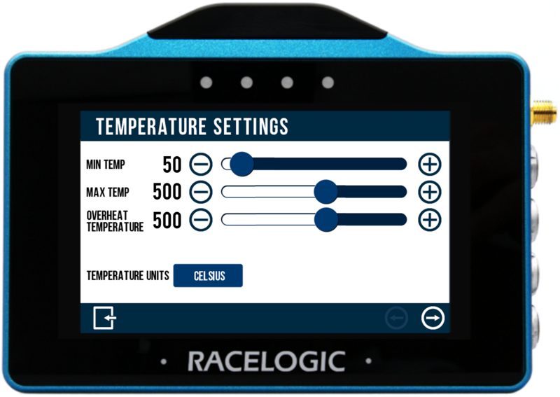 VBOX Touch displaying the Temperature Settings screen in the Brake Temperature App.
