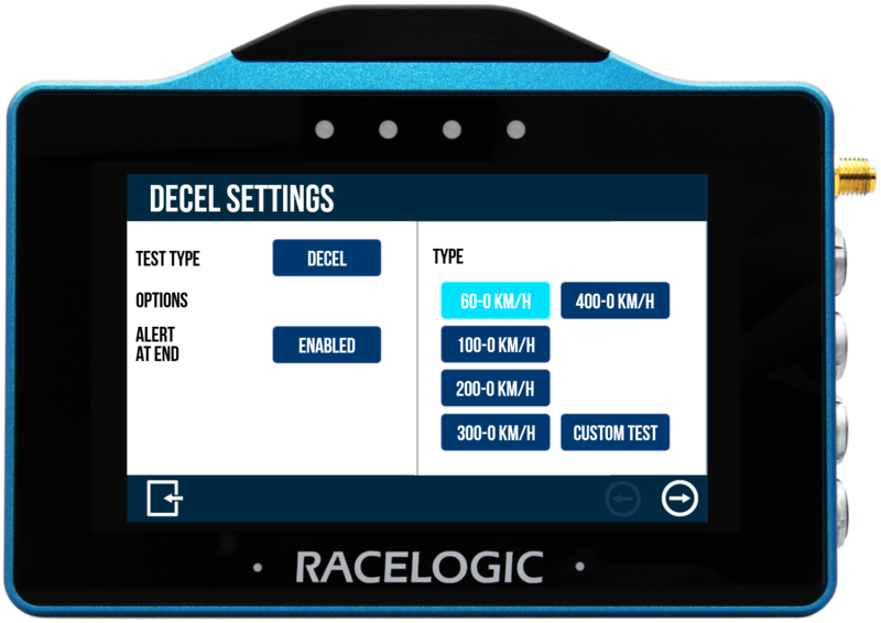 VBOX Touch displaying the Decel Settings screen.