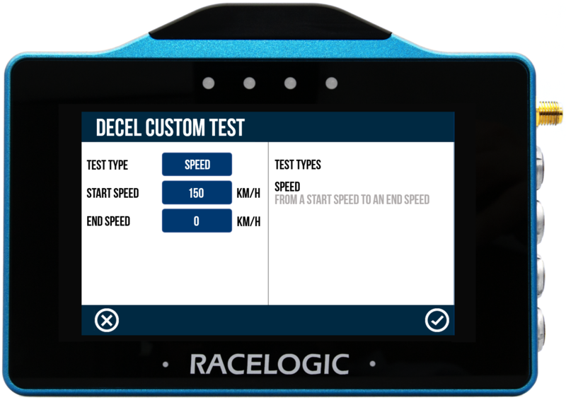 VBOX Touch displaying the Decel Custom Test screen with Decel Speed Test options.    
