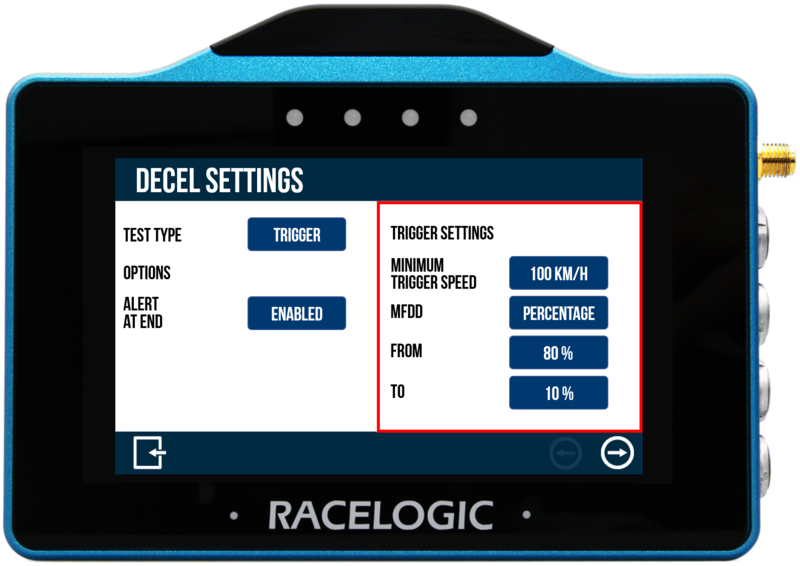 VBOX Touch displaying the Decel Settings screen with Trigger Test options highlighted.