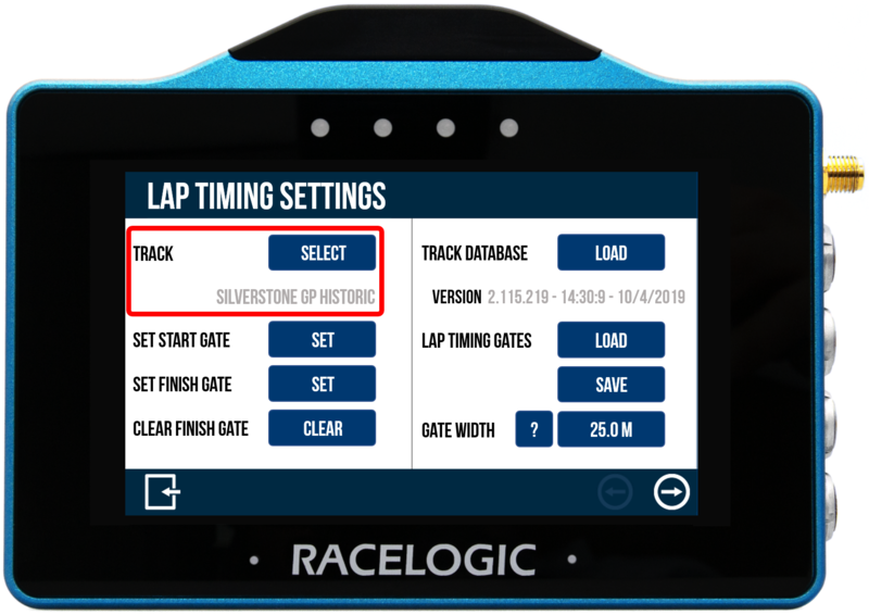 VBOX Touch displaying the Lap Timing Settings screen with the Track section highlighted. 
