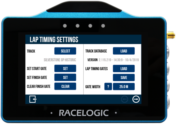 VBOX Touch displaying the primary Lap Timing Settings screen. 