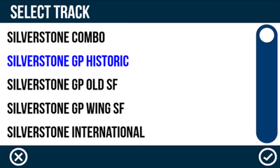 Select Track screen on VBOX Touch showing available Silverstone layouts with GP Historic selected