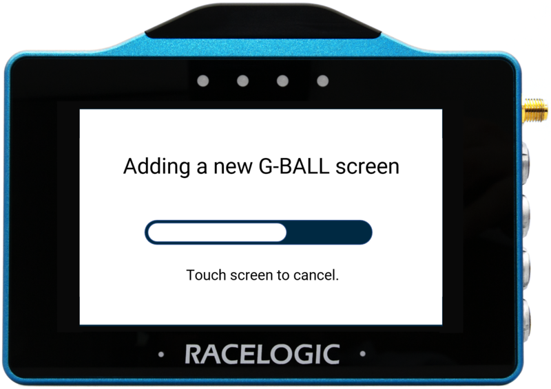 VBOX Touch displaying the progress screen for adding a new G-BALL screen in the MFD App.