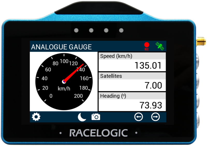 VBOX Touch displaying the Analogue Gauge screen in the MFD App.