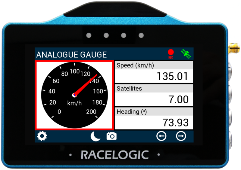 VBOX Touch displaying the Analogue Gauge screen in the MFD App with the gauge element highlighted. 