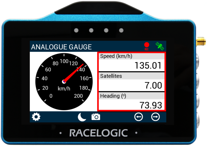 VBOX Touch displaying the Analogue Gauge screen with the numerical elements area highlighted.  