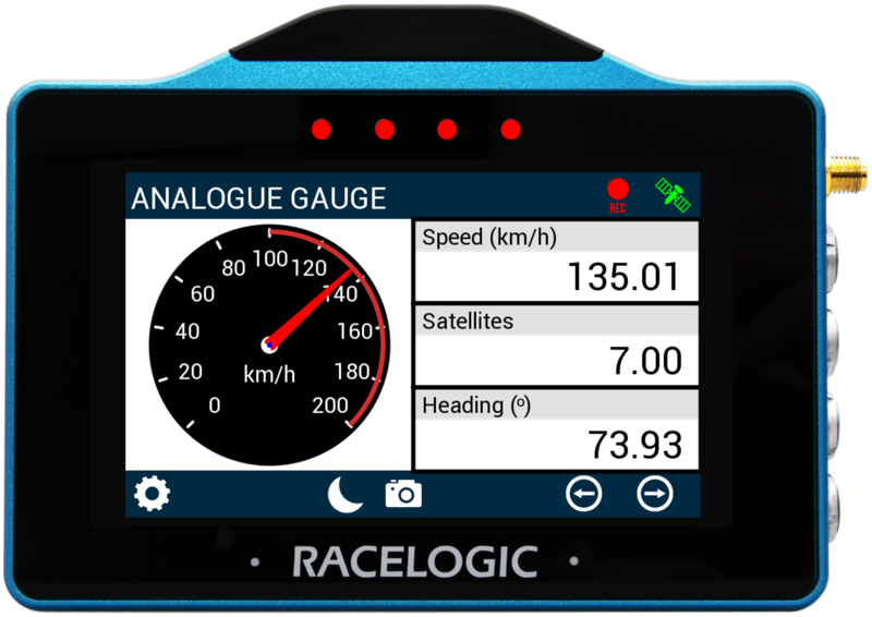 VBOX Touch displaying the Analogue Gauge Screen in the MFD App, with an active screen alert on the gauge element. 