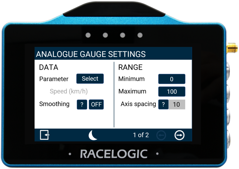 VBOX Touch displaying the Analogue Gauge Data/Range Settings screen in the MFD App.