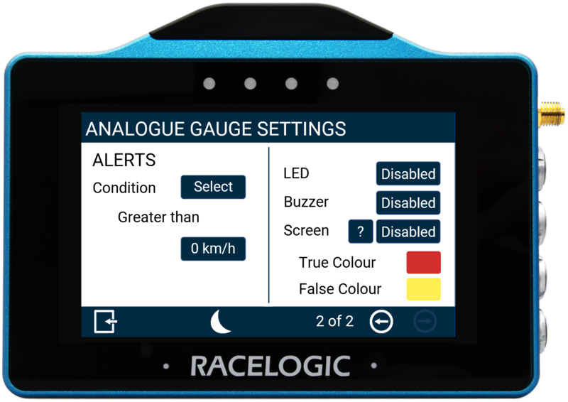 VBOX Touch displaying the Analogue Gauge Alerts Settings screen in the MFD App.