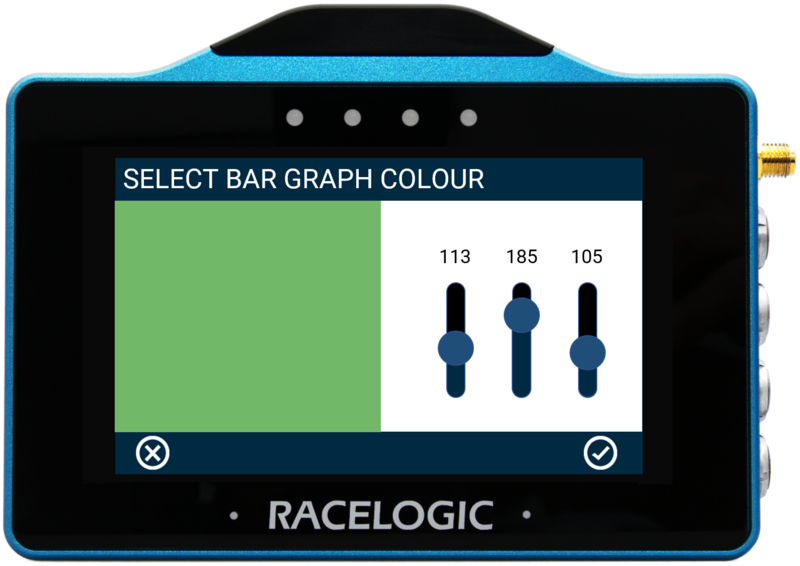 VBOX Touch displaying the Select Bar Graph Colour screen in the Data Settings for the Bar Graph in the MFD App.