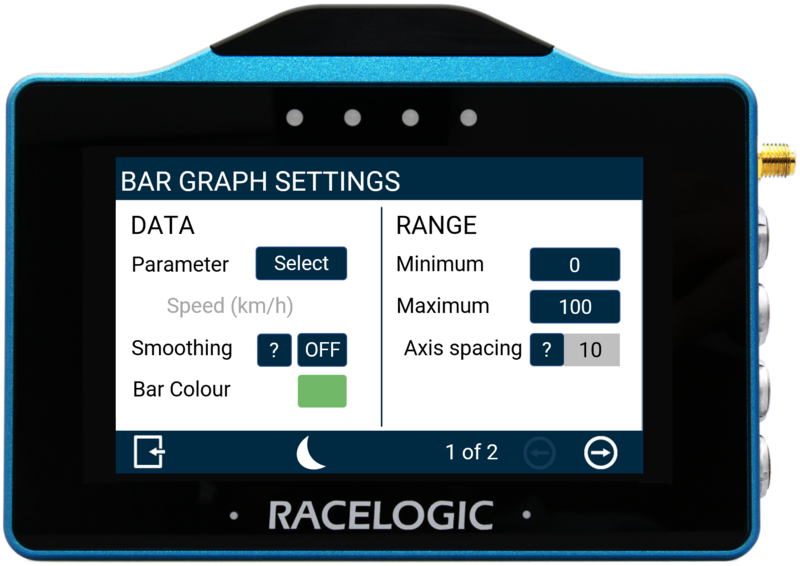 VBOX Touch displaying the Data/Range Settings for the Bar Graph in the MFD App.