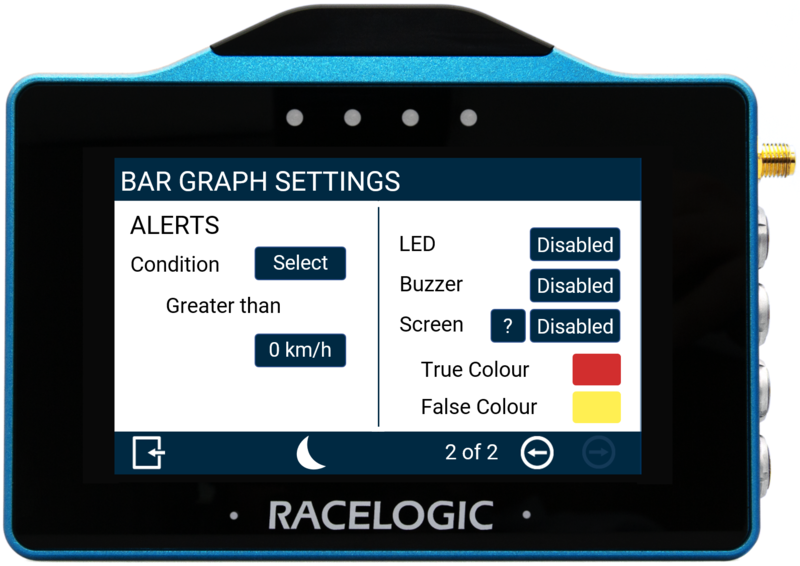 VBOX Touch displaying the Bar Graph Settings - Alerts screen in the MFD App.
