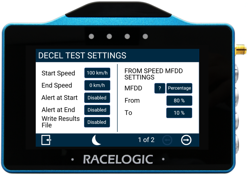 VBOX Touch displaying the Decel Test Settings screen in the MFD App.