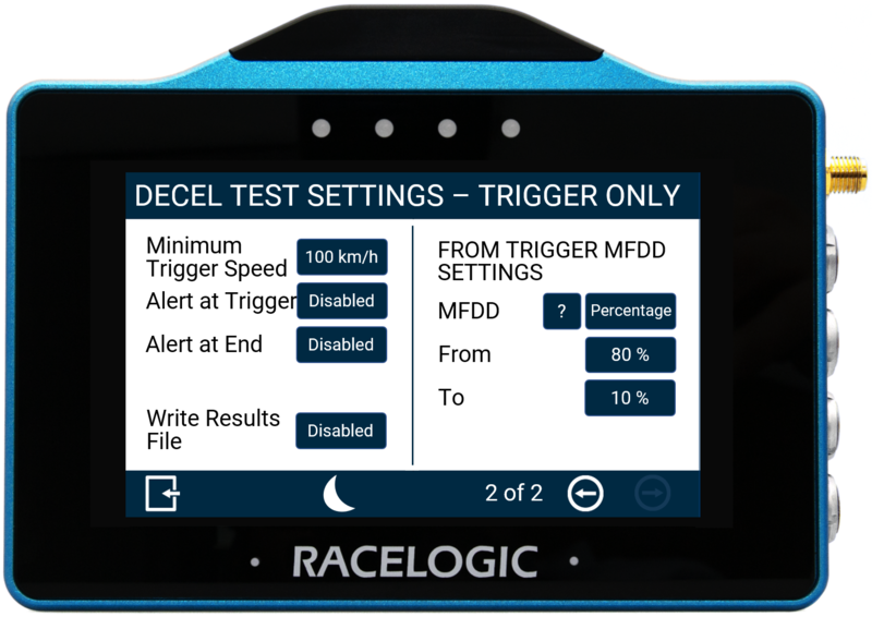 VBOX Touch displaying the Decel Test Settings - Trigger Only screen in the MFD App.