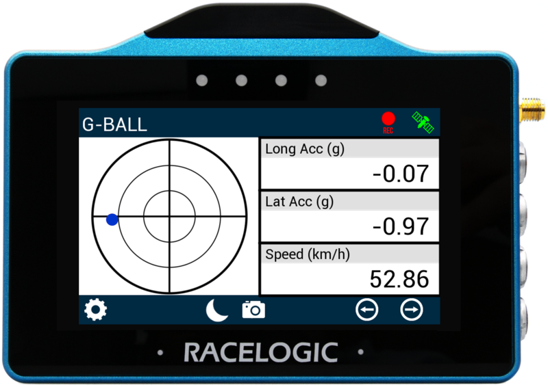 VBOX Touch displaying the G-Ball screen with the G-Ball colour changed to blue.