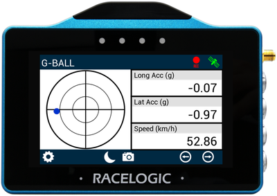 VBOX Touch displaying the G-Ball screen with the G-Ball colour changed to blue.