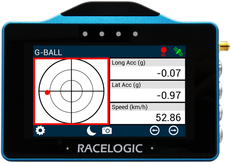 VBOX Touch displaying the G-Ball Element on the G-Ball screen in the MFD App.