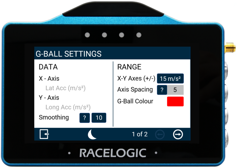 VBOX Touch displaying the Data/Range screen in the G-Ball Settings in the MFD App.
