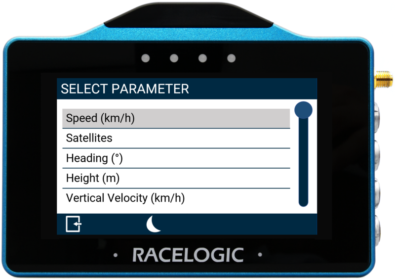 VBOX Touch displaying the Select Parameter screen for the Analogue Gauge settings in the MFD App. 
