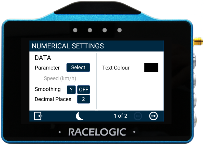 VBOX Touch displaying the Data settings screen for the 1 Numerical data display in the MFD App.
