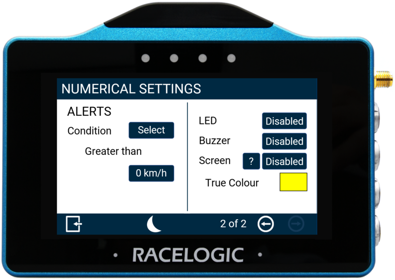 VBOX Touch displaying the Numerical Settings - Alerts screen in the MFD App.