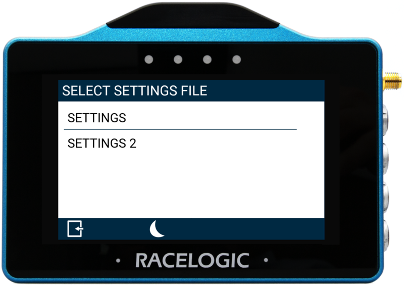 VBOX Touch displaying the Select Settings File screen in the VBOX Touch MFD App.