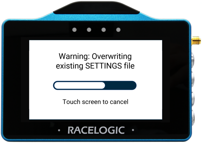 VBOX Touch displaying the Settings Overwrite Warning screen in the VBOX Touch MFD App.