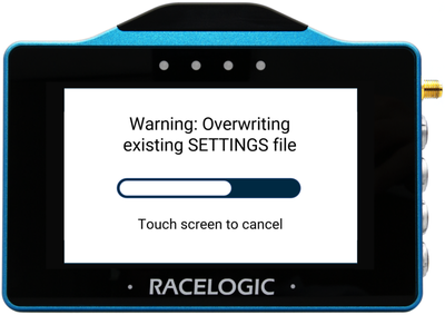 VBOX Touch displaying the Settings Overwrite Warning screen in the VBOX Touch MFD App.
