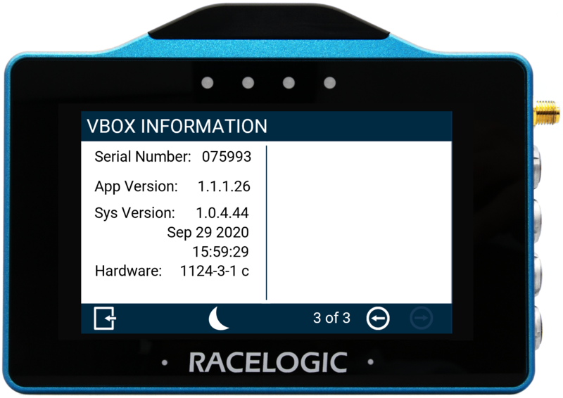 VBOX Touch displaying the VBOX Information screen in the MFD App.