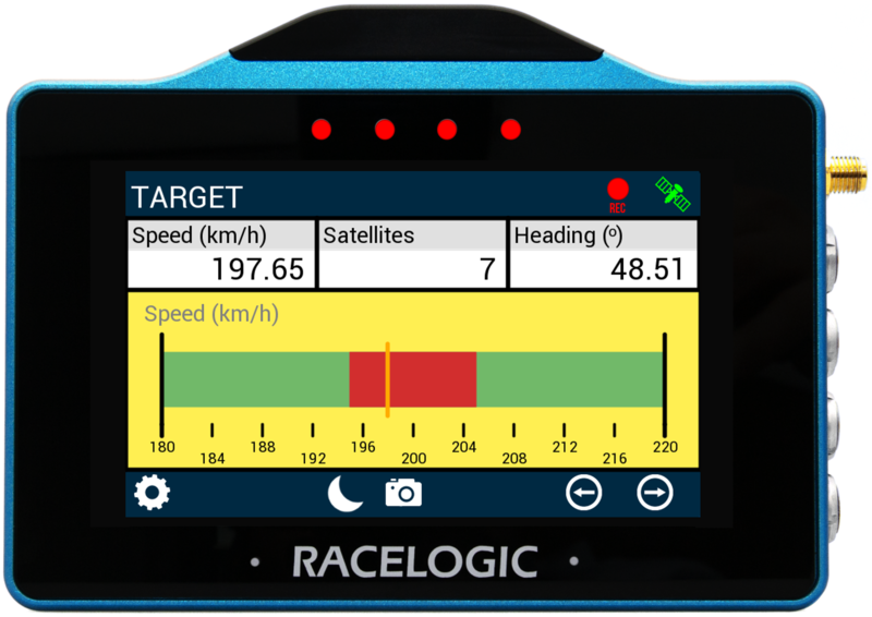 VBOX Touch displaying the Target Screen in the MFD App, with an active screen alert making the target graph's background yellow.