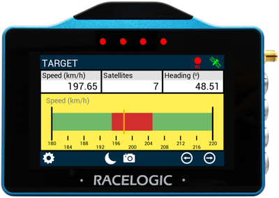 VBOX Touch displaying the Target Screen in the MFD App, with an active screen alert making the target graph's background yellow.