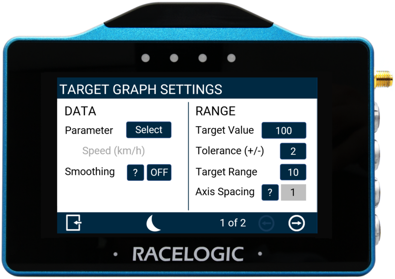 VBOX Touch displaying the Data/Range Settings for the Target Graph in the MFD App. 