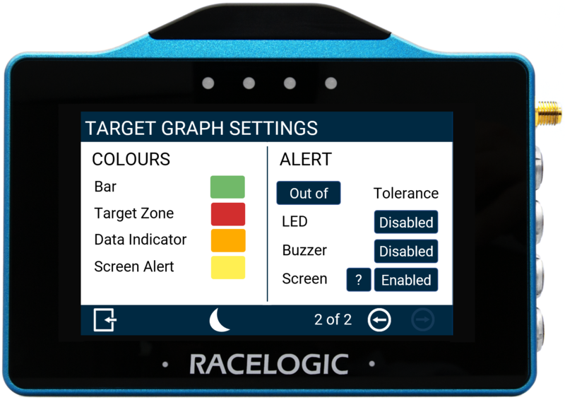 VBOX Touch displaying the Colours/Alerts Settings screen for Target Graph in the MFD App.