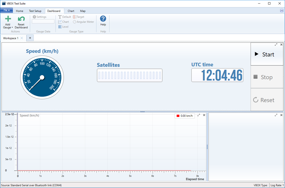 VBOX Test Suite Dashboard displaying live data from connected VBOX Touch unit.