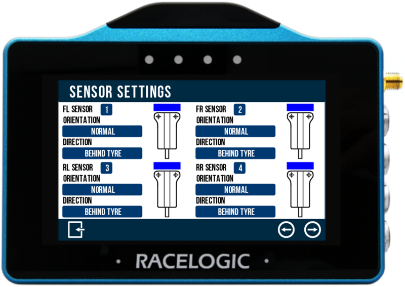 VBOX Touch displaying the Sensor Settings screen in the Tyre Temperature App. 