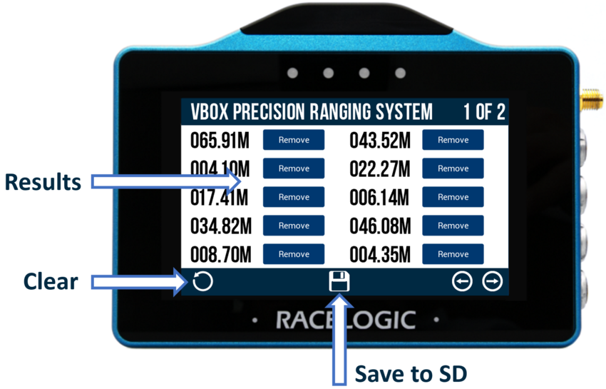 VBOX Touch displaying the Results screen in the VPRS Display App, with arrows indicating the different UI elements..