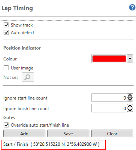 Screenshot of the Lap Timing settings in VBOX Video HD2 Setup with the start/finish coordinates highlighted at the bottom of the image.