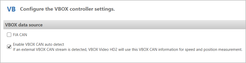 Screenshot of the VBOX Controller settings.