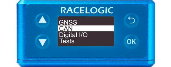 Illustration of the Main menu on VBOX Speed Sensor with CAN highlighted.