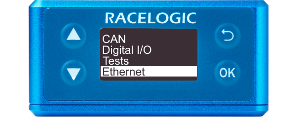 Illustration of a VBOX Omega displaying the main menu with Ethernet highlighted.et