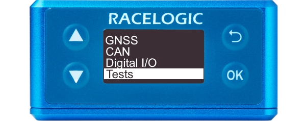 Illustration of the Main Menu of VBOX Speed Sensor with Tests highlighted.