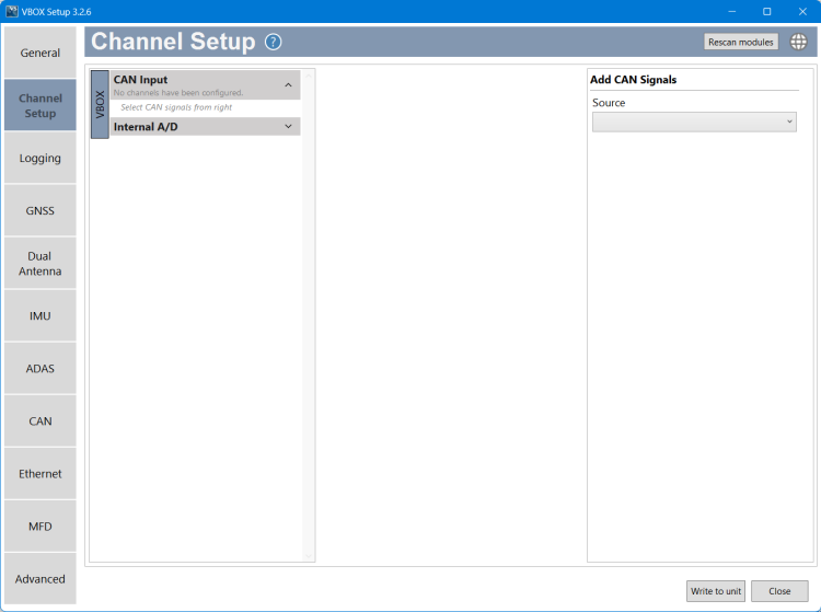 Screenshot of the Channel Setup menu in VBOX Setup with the CAN Input section expanded.